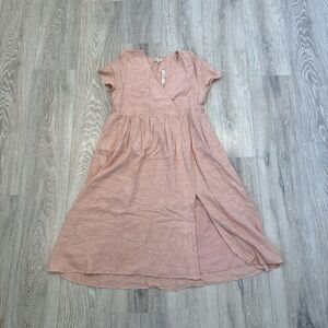 Madewell Pink Linen V-Neck Midi Dress